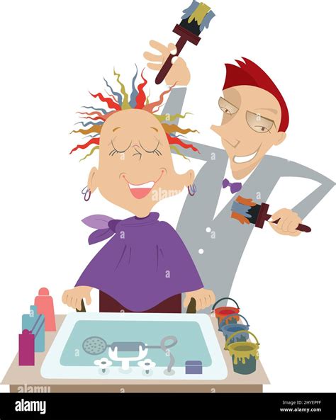 Hairdresser paints hair of the woman illustration. Funny cartoon ...