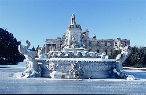 Witley Court's grand fountain in the snow - English Heritage