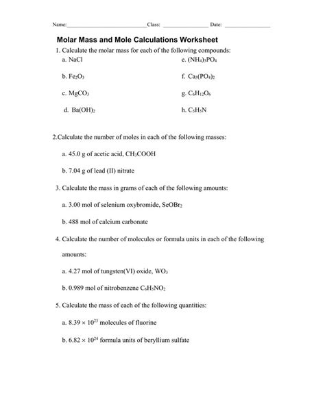 Moles And Mass Worksheet | Molar mass, Practices worksheets, Chemistry worksheets