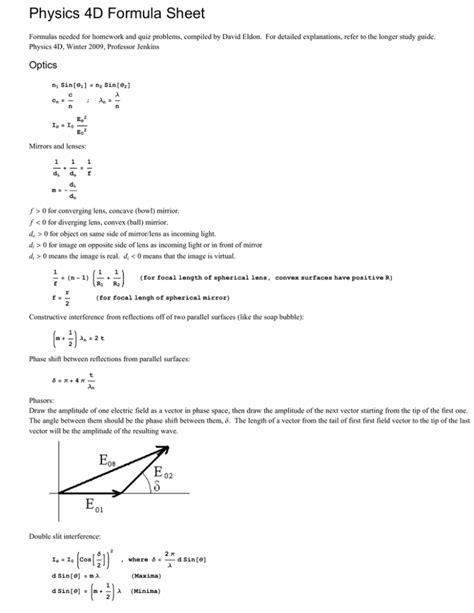 Physics 4D Formula Sheet