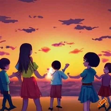 Kids singing during sunset