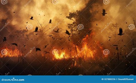 Birds Flying Away from the Fire. Destruction of Wildlife Habitat ...