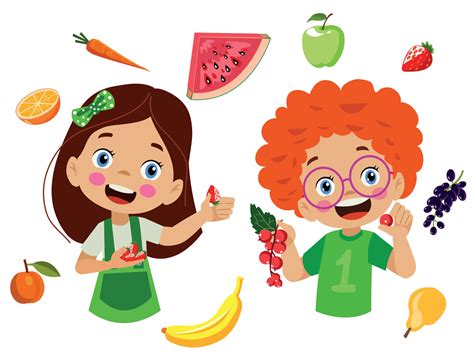 niños lindos comiendo frutas variadas 14830674 Vector en Vecteezy