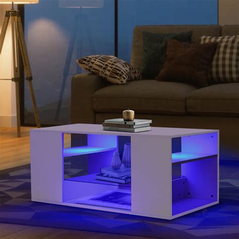 Hommpa White Coffee Table with LED Lights Living Room Table Glass Open Shelves High Gloss ...