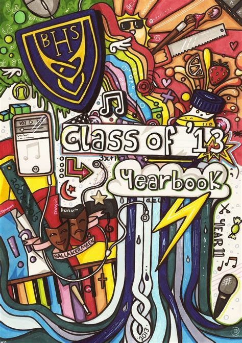 a painting with many different items on it and the words class of 13 yearbook written below