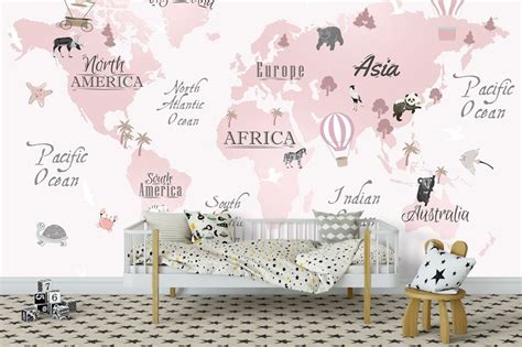 Pink Color World Map for Kids Wallpaper Peel and Stick Easy - Etsy