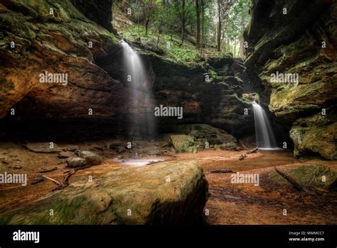 Twin waterfalls at Conkles Hollow in Hocking Hills Ohio Stock Photo - Alamy