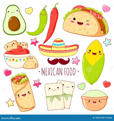 Set of Cute Mexican Food Stickers in Kawaii Style Stock Vector - Illustration of anime, meal ...