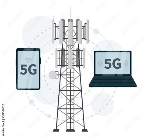 5G mast base station, smartphone and laptop as network clients on white background, vector ...