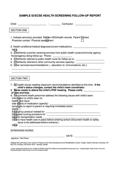 Sample Ei/ecse Health Screening Follow-Up Report Template printable pdf download