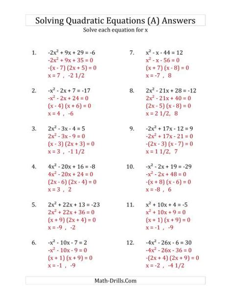 Solving Quadratic Equations for x with 'a' Coefficients Between -4 and 4 (Equations equal an ...