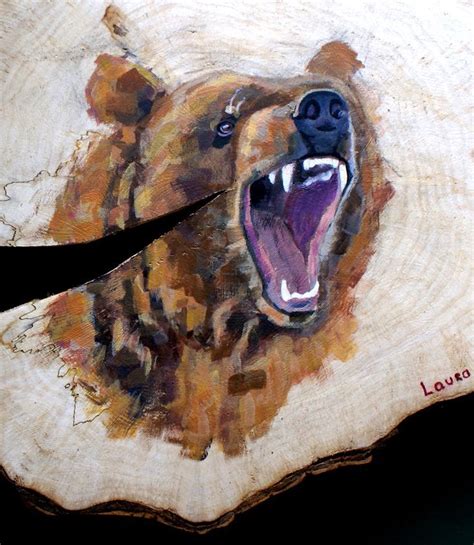 brown bear in acrylic paint on a wood slice | Painting, Painting on wood, Acrylic painting