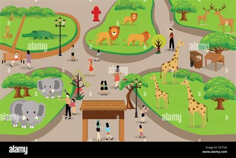 zoo cartoon people family with animals scene vector illustration background from top landscape ...