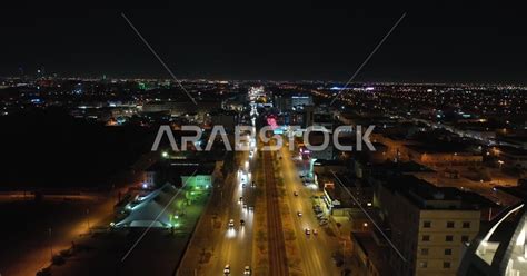 Landmarks of the city of Riyadh, drone photography of car traffic in the roads and streets of ...