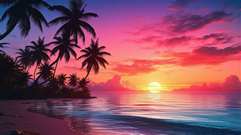Gorgeous tropical sunset over beach with palm tree silhouettes Perfect for summer travel and ...