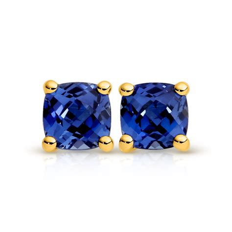 9ct Gold Created Ceylon Sapphire Stud Earrings in Blue | Angus & Coote