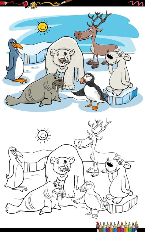 cartoon polar animals characters group coloring page 11536018 Vector ...