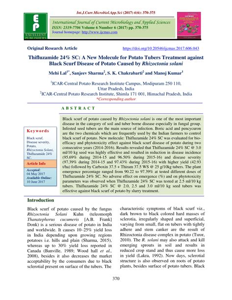 (PDF) Thifluzamide 24% SC: A New Molecule for Potato Tubers Treatment against Black Scurf ...