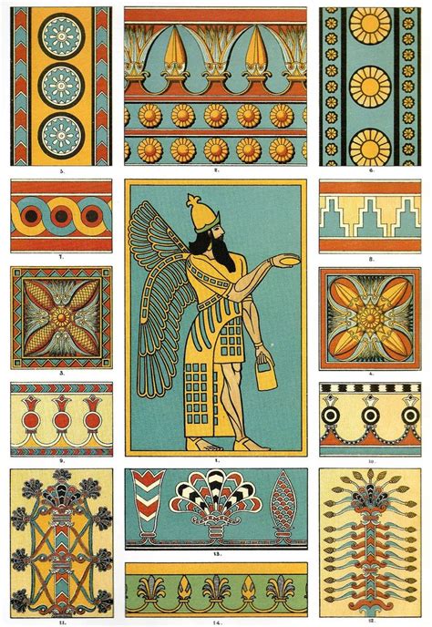 Assyrian Painting Polychrome Sculpture Pottery Details from bas-reliefs, glazed and enamelled ...