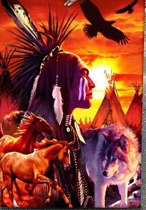 a native american woman with two horses in front of a sunset