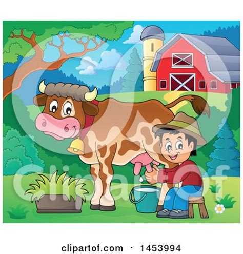 Clipart of a Happy Farmer Boy Milking a Cow in a Barnyard - Royalty Free Vector Illustration by ...