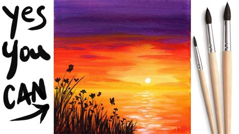 EASY SUNSET OCEAN Beginners Learn to paint Acrylic Tutorial Step by ...