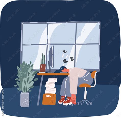 Cartoon vector illustration of Sleeping Businesswoman at Work. Tired ...