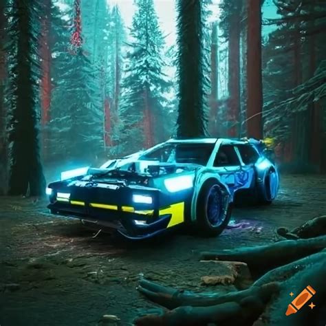 Cyberpunk car with swedish flag in a spruce forest