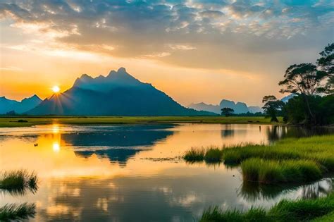 Premium Photo | A sunset over a river with mountains in the background