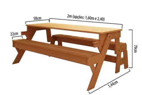 a wooden picnic table with two benches and measurements for the height of the bench below