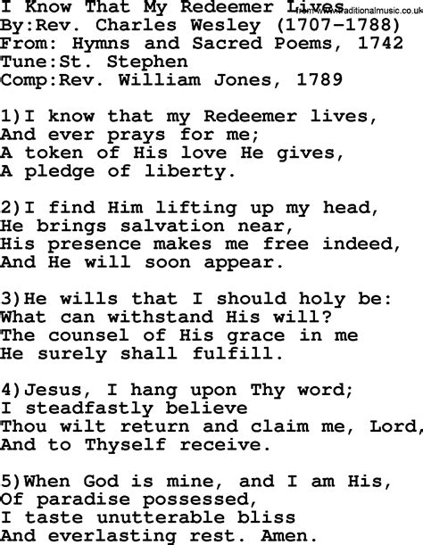 Methodist Hymn: I Know That My Redeemer Lives - lyrics with PDF