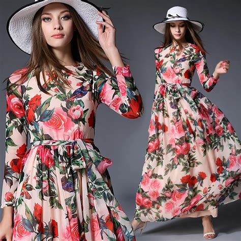 Floral Maxi Dress Long Sleeve Printed Chiffon Dress Bohemian Beach Long Dress Women Summer Dress ...