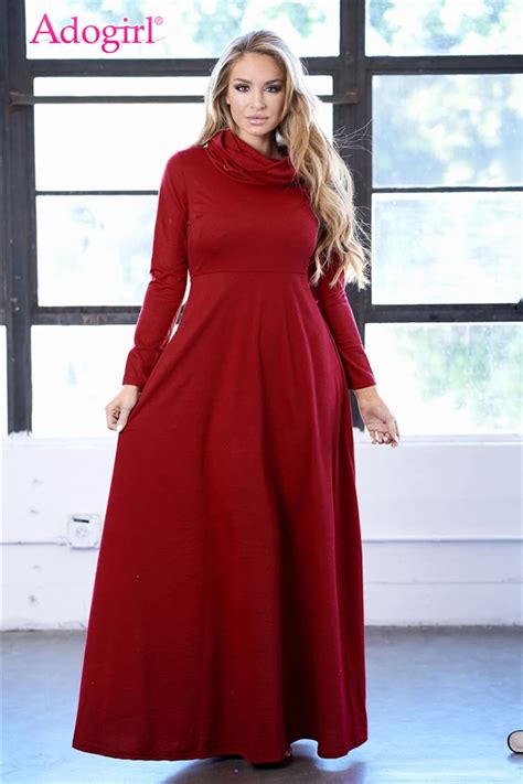 Adogirl Elegant Turtleneck Long Sleeve Casual Maxi Dress 2018 Autumn Winter Empire Waist Women ...