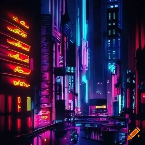 Neon lights shining in a city at night on Craiyon