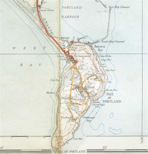 A map of the Isle of Portland from 1937, showing the railway to Easton ...