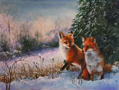 Red Foxes Winter Snow Scene Acrylic Painting Wildlife Animal | Etsy ...