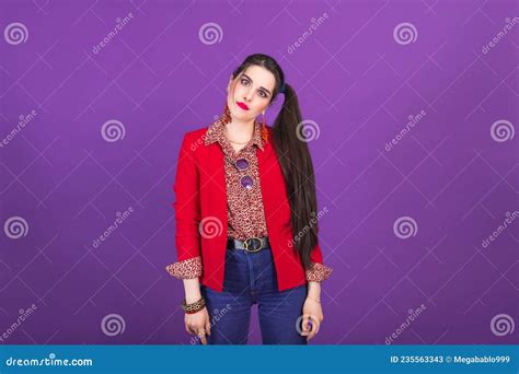 Retro Fashion 90s 80s Young Woman in Red Jacket Portrait, Disappointed Emotion Stock Image ...
