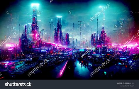 Futuristic Cyberpunk City Full Neon Lights Stock Illustration 2214131359 | Shutterstock