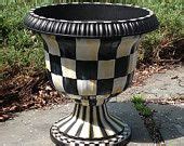 Urn planter - hand painted - black and white checked - plastic resin ...