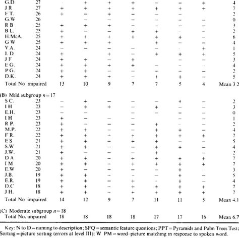 Performance of individual patients on the Semantic Memory Battery Tests ...