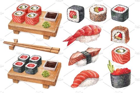 Watercolor Sushi Illustrations Pack