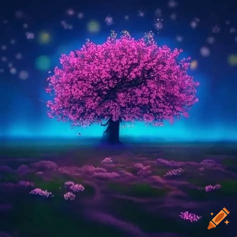 Neon cherry blossom tree in a starry night on Craiyon