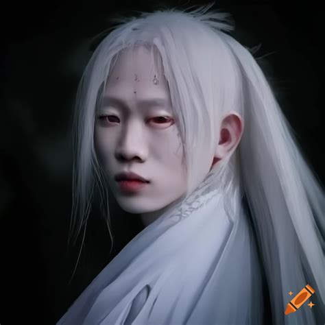 Beautiful asian albino male in a dark grey kimono in a garden