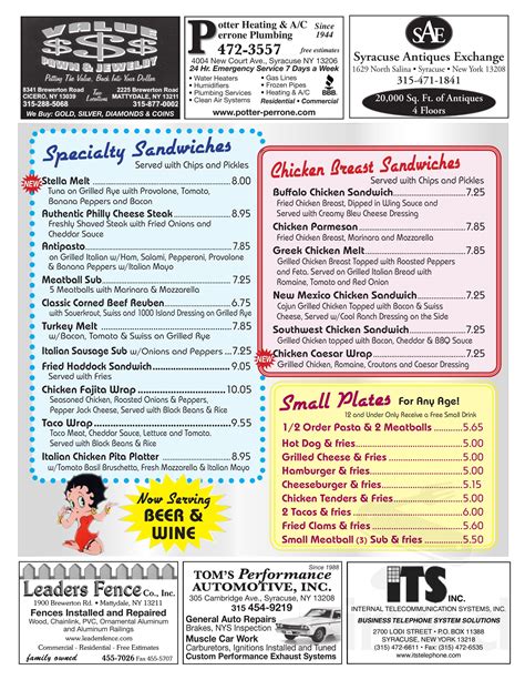 Stella's Diner menu in Syracuse, New York, USA