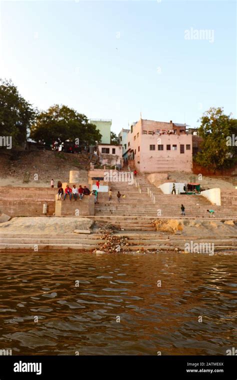 Long view of popular Assi Ghat with several pilgrims, that stands at ...