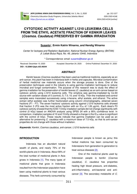 (PDF) Cytotoxic Activity Against L1210 Leukemia Cells from the Ethyl Acetate Fraction of Kenikir ...