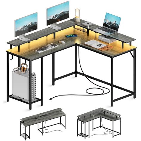 SUPERJARE L Shaped Desk with Outlets & USB Ports, Gaming Desk with LED Light Strip, Corner ...
