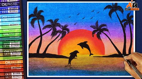 Dolphin Oil Pastel Sunset Scenery Drawing - Filhosdolaranjal