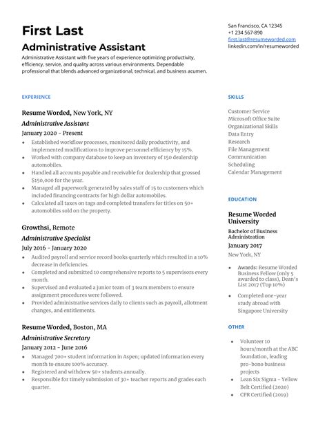 Experienced Executive Assistant CV Example for 2023 | Resume Worded