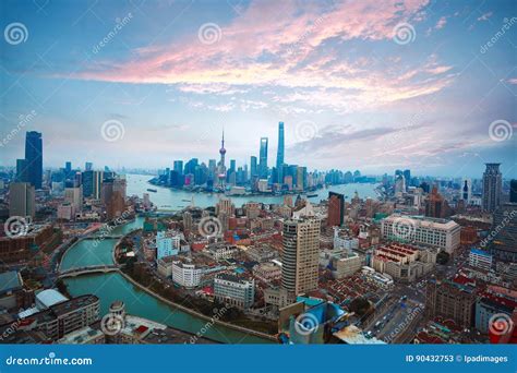 Aerial Photography at Shanghai Bund Skyline of Sunrise Stock Image - Image of metropolitan ...